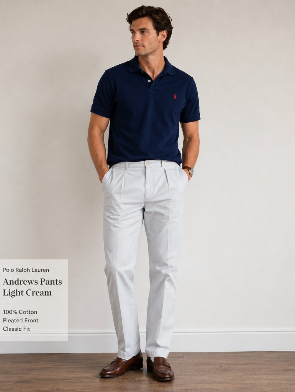 100% Cotton Polo by Ralph Lauren Andrews Pants Light Cream Pleated Dress Pants